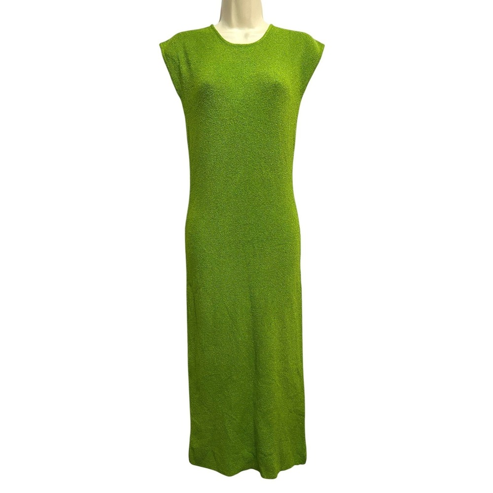 Zara Textured Knit Maxi Dress Womens Small Lime Green Boucle Sleeveless Vibrant
